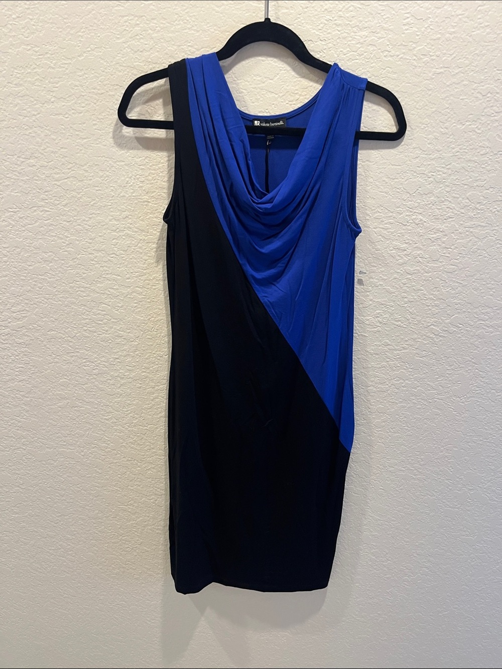 Valerie Bertinelli Black and Royal Blue Draped Cowl Neck Sleeveless Mini Dress